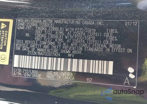 2012 Lexus Rx 350 from USA, damaged, VIN 2T2ZK1BA7CC077824